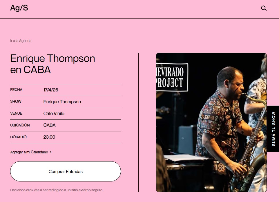 Agenda De listing for Enrique Thompson & Revirado Project's April 17, 2026 concert in Buenos Aires.