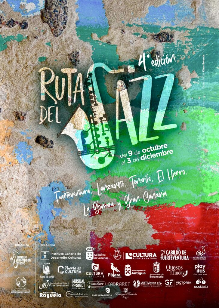 Official poster for the 4th edition of Ruta del Jazz, taking place from October 9 to December 3 across Fuerteventura, Lanzarote, Tenerife, El Hierro, La Gomera and Gran Canaria, Canary Islands.